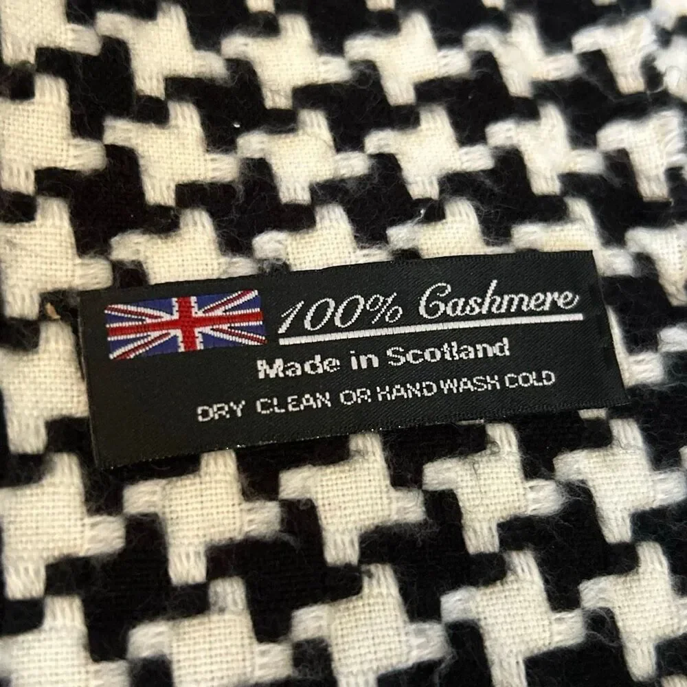100% cashmere black and white houndstooth scarf made in Scotland